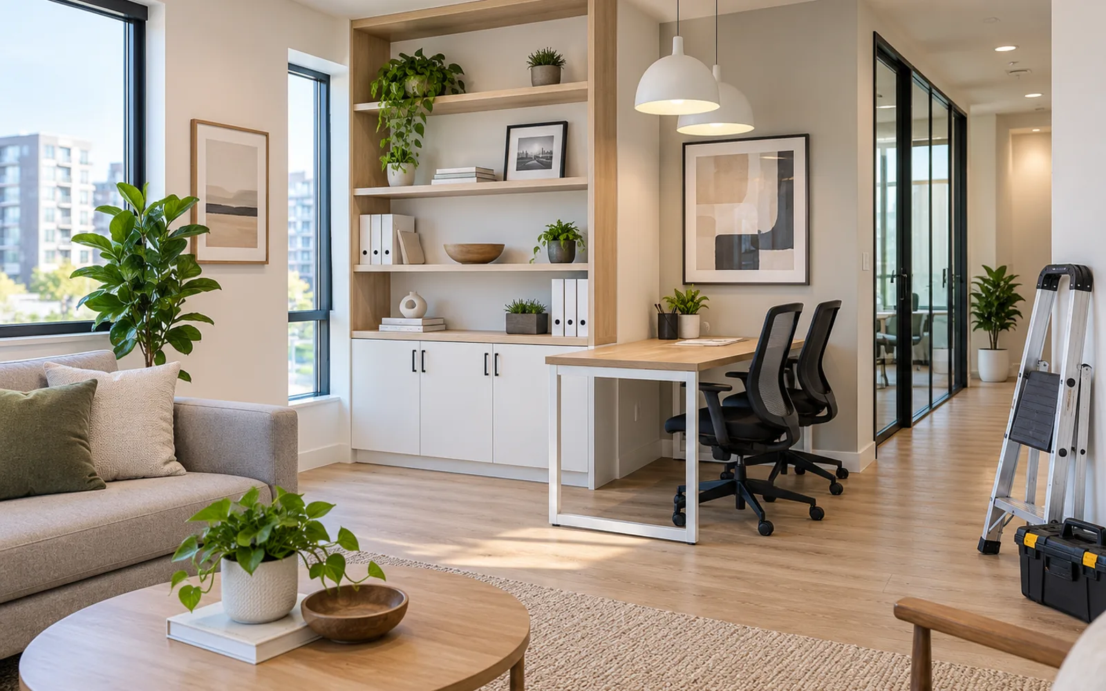 Apartment living area with a newly installed desk, office chairs, built-in shelving and pendant lights, a step ladder and tool case to one side
