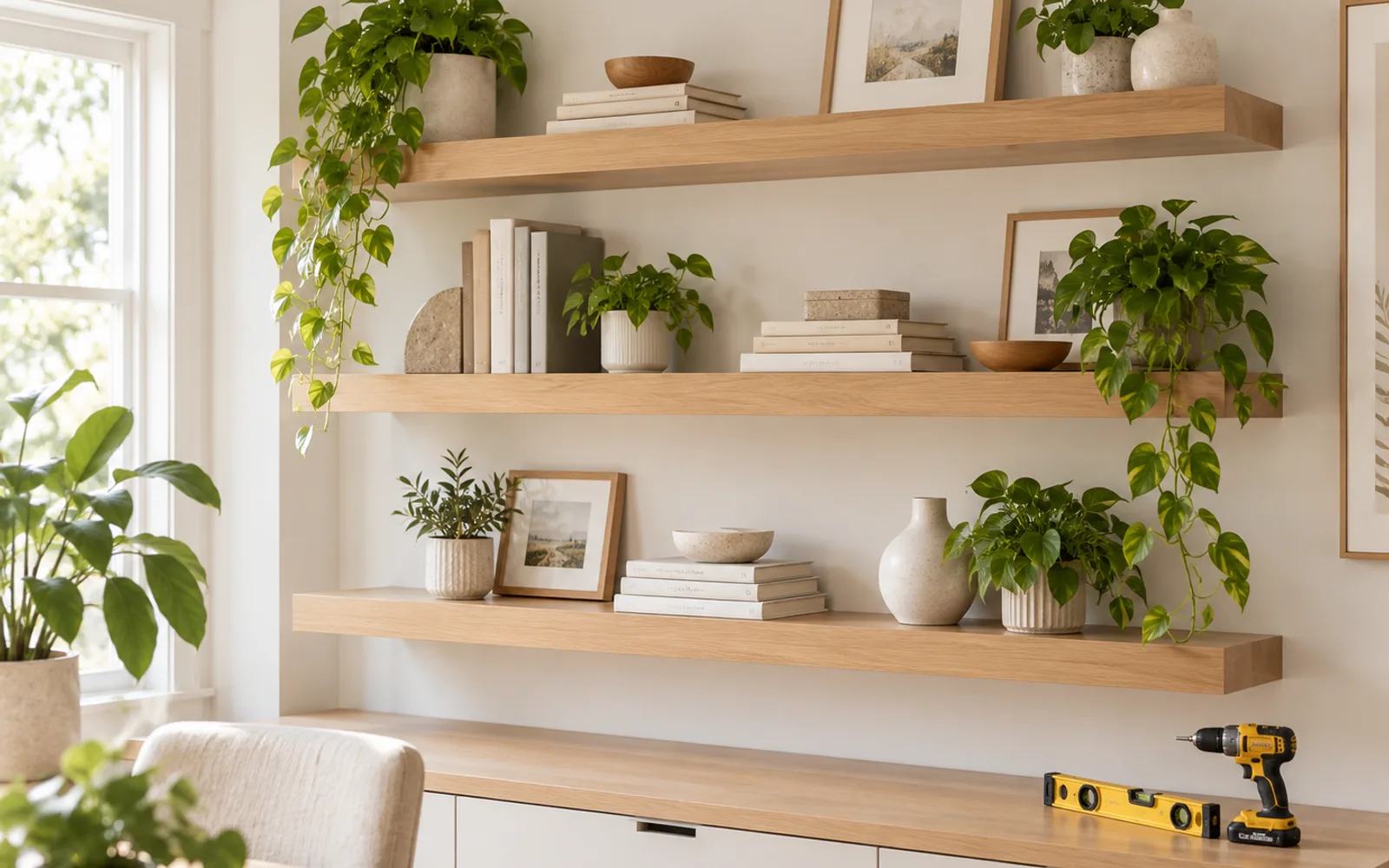 Three oak floating shelves mounted level on a white wall holding books and trailing plants, with a drill and spirit level on the counter below