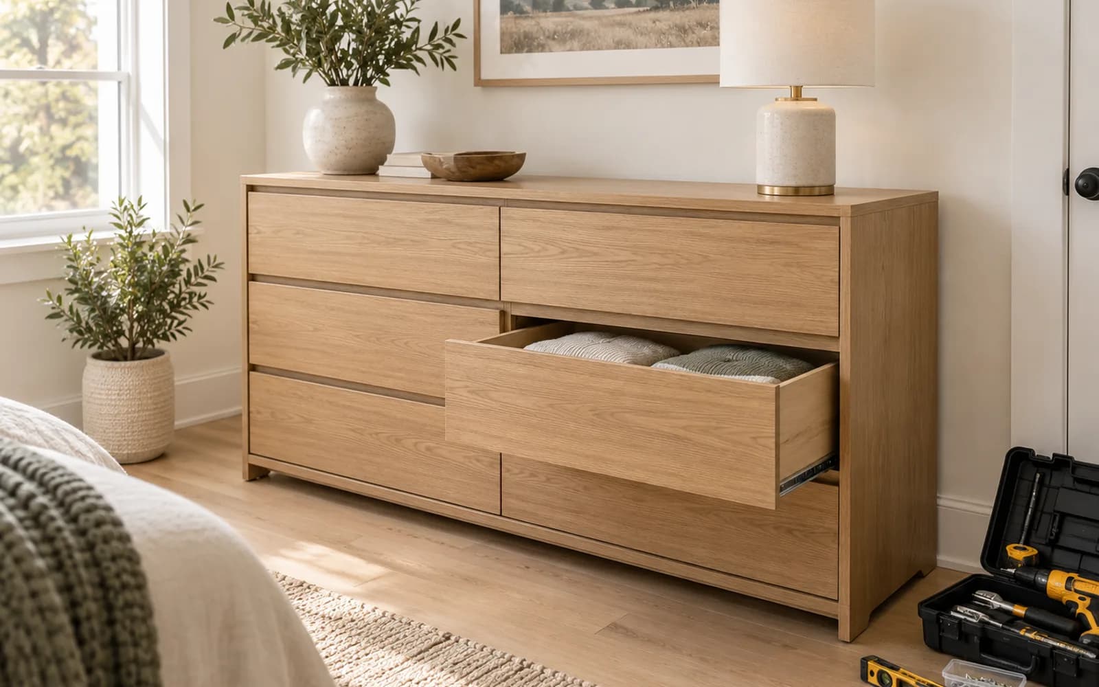 Assembled oak six-drawer dresser standing against a bedroom wall, one drawer open, with a tool case on the floor beside it