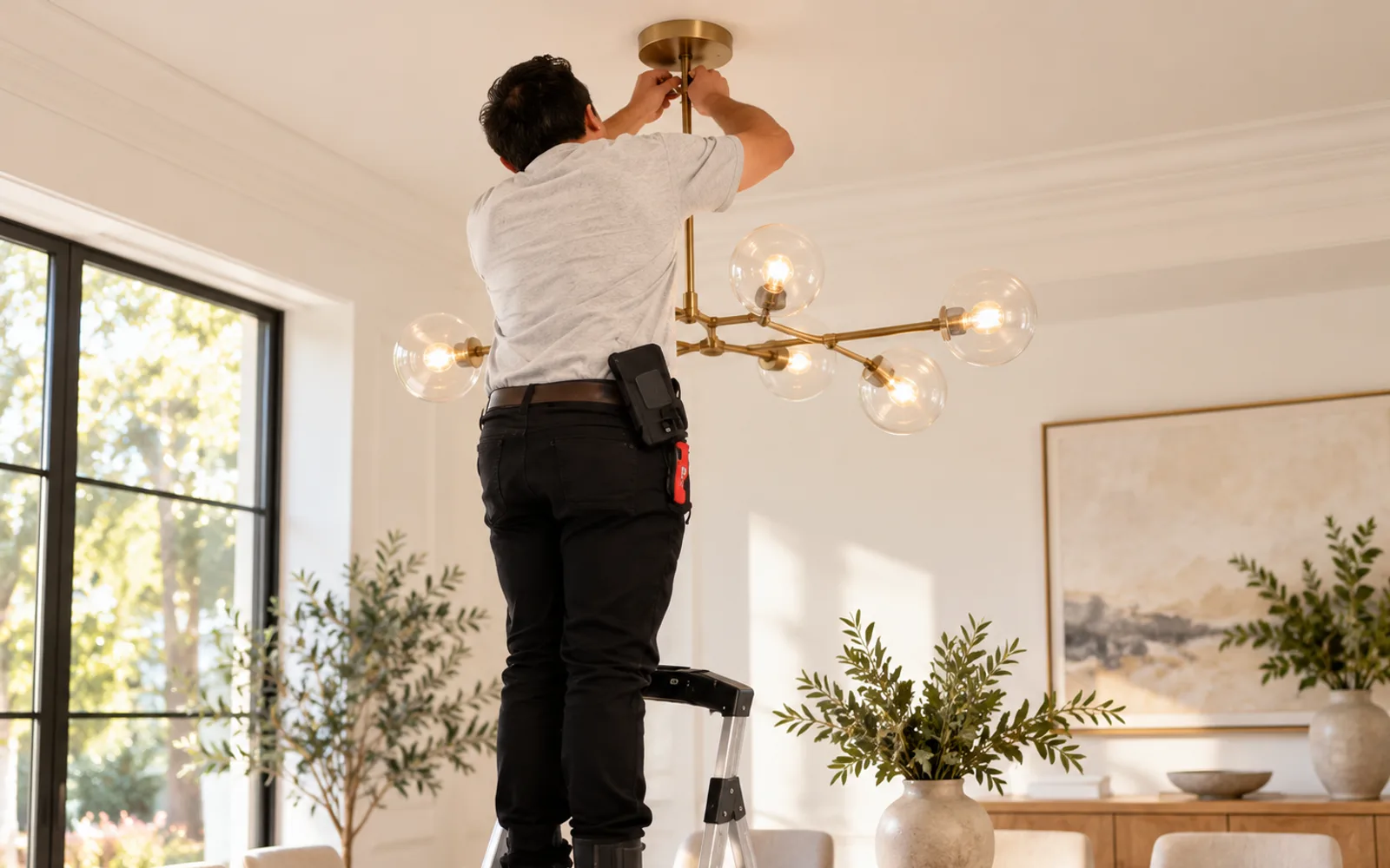 Installer on a step ladder fitting a brass globe chandelier to a dining room ceiling above a wooden table