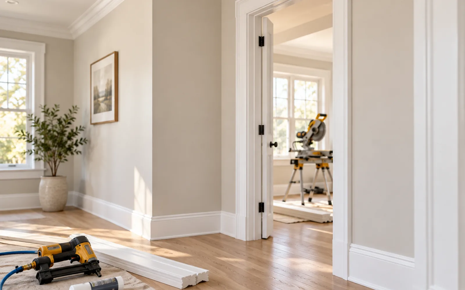 Hallway with newly installed white baseboard and crown molding, a brad nailer and a length of trim on the floor, a mitre saw set up in the next room