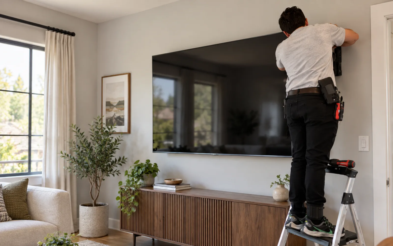 Installer on a step ladder fitting a large flat-screen TV to a living room wall above a wooden console