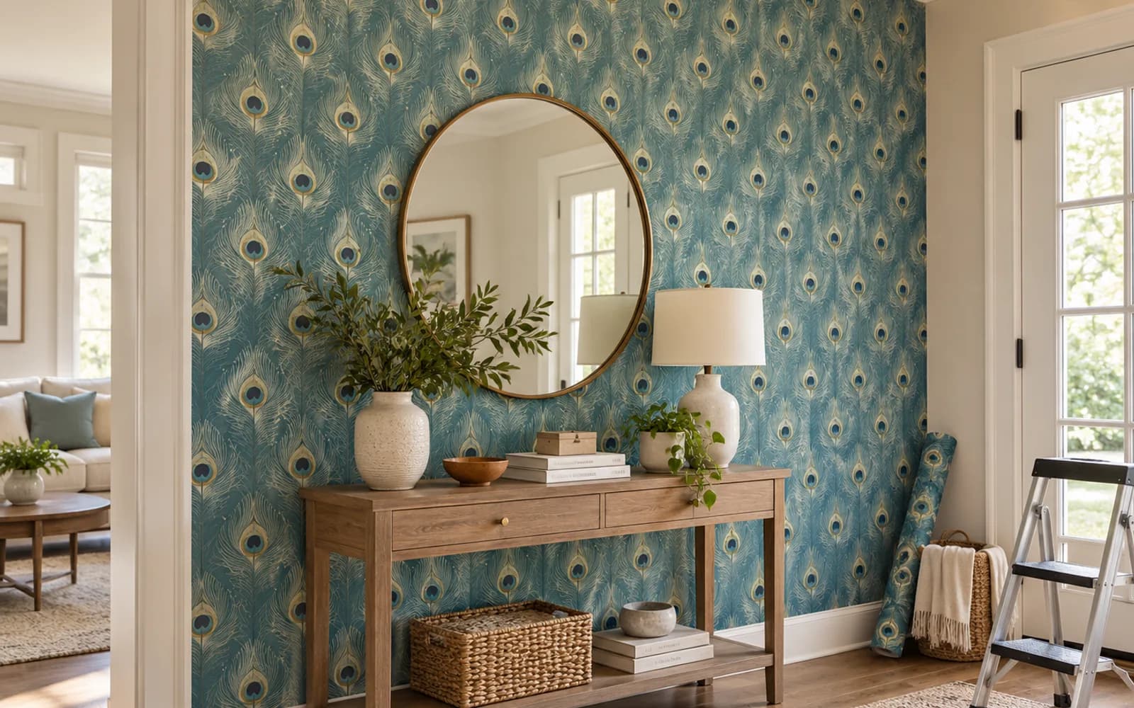 Entryway accent wall finished in teal peacock-feather wallpaper with the pattern matched across the seams, a round mirror and console table in front